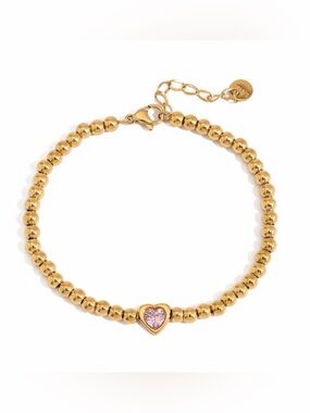 18K Gold Plated Beaded Pink Heart Charm Bracelet